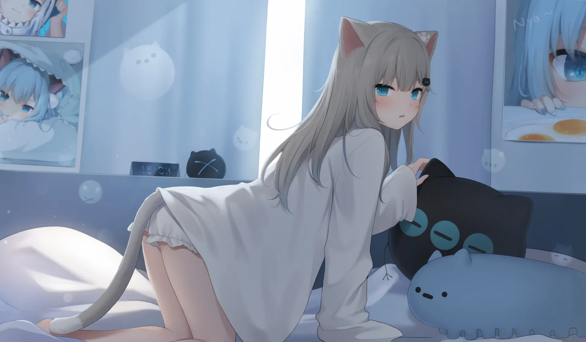 Silver-Haired Anime Cat Girl Bedroom Wallpaper