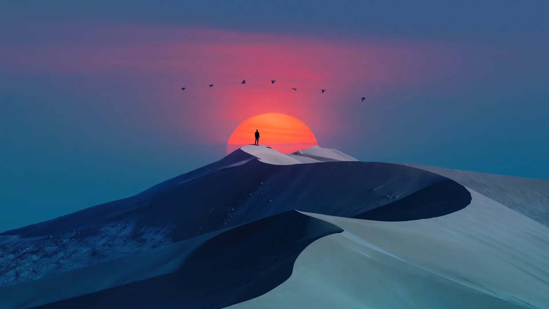 Desert Dunes Sunset and Lone Traveler Wallpaper
