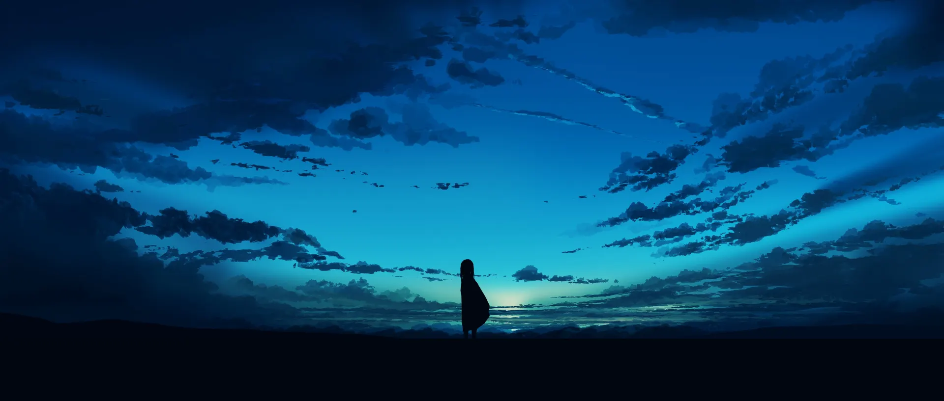 Anime Girl Silhouette Under Blue Twilight Sky Wallpaper