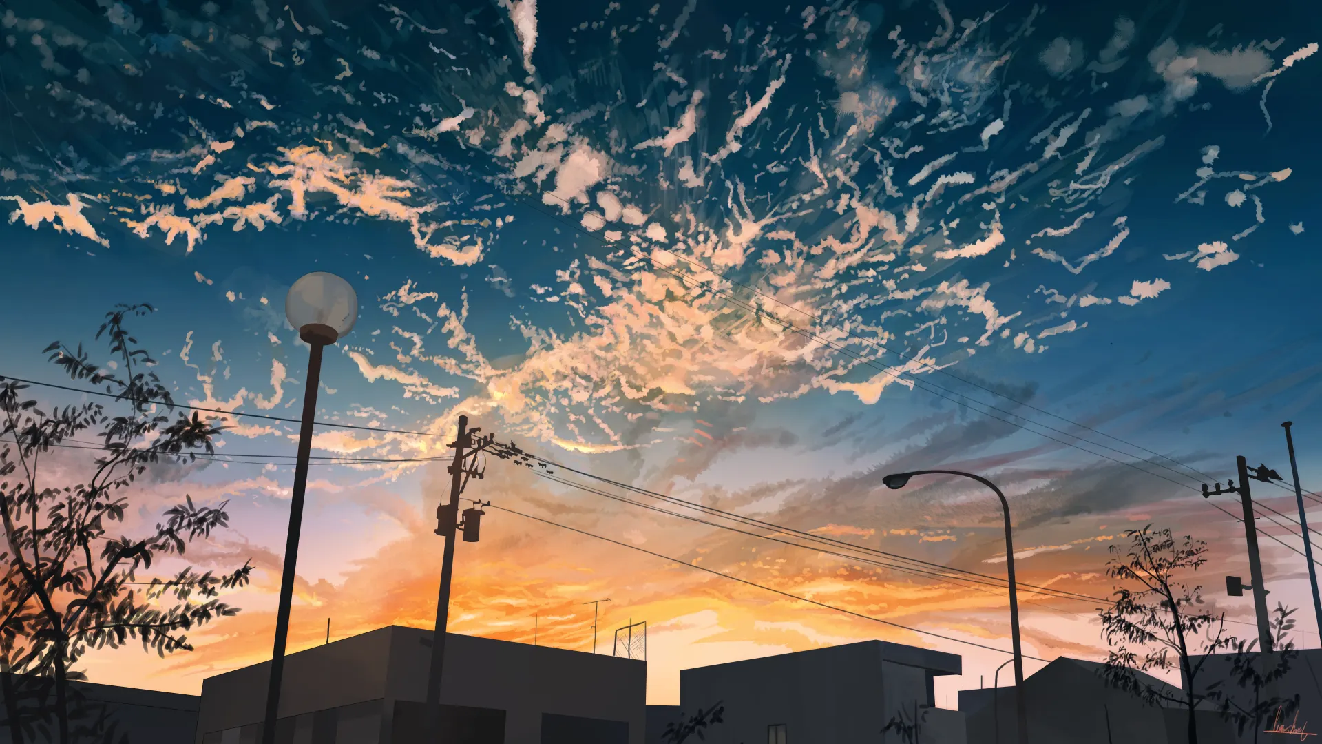 Anime Sunset Sky Over City Streets Wallpaper