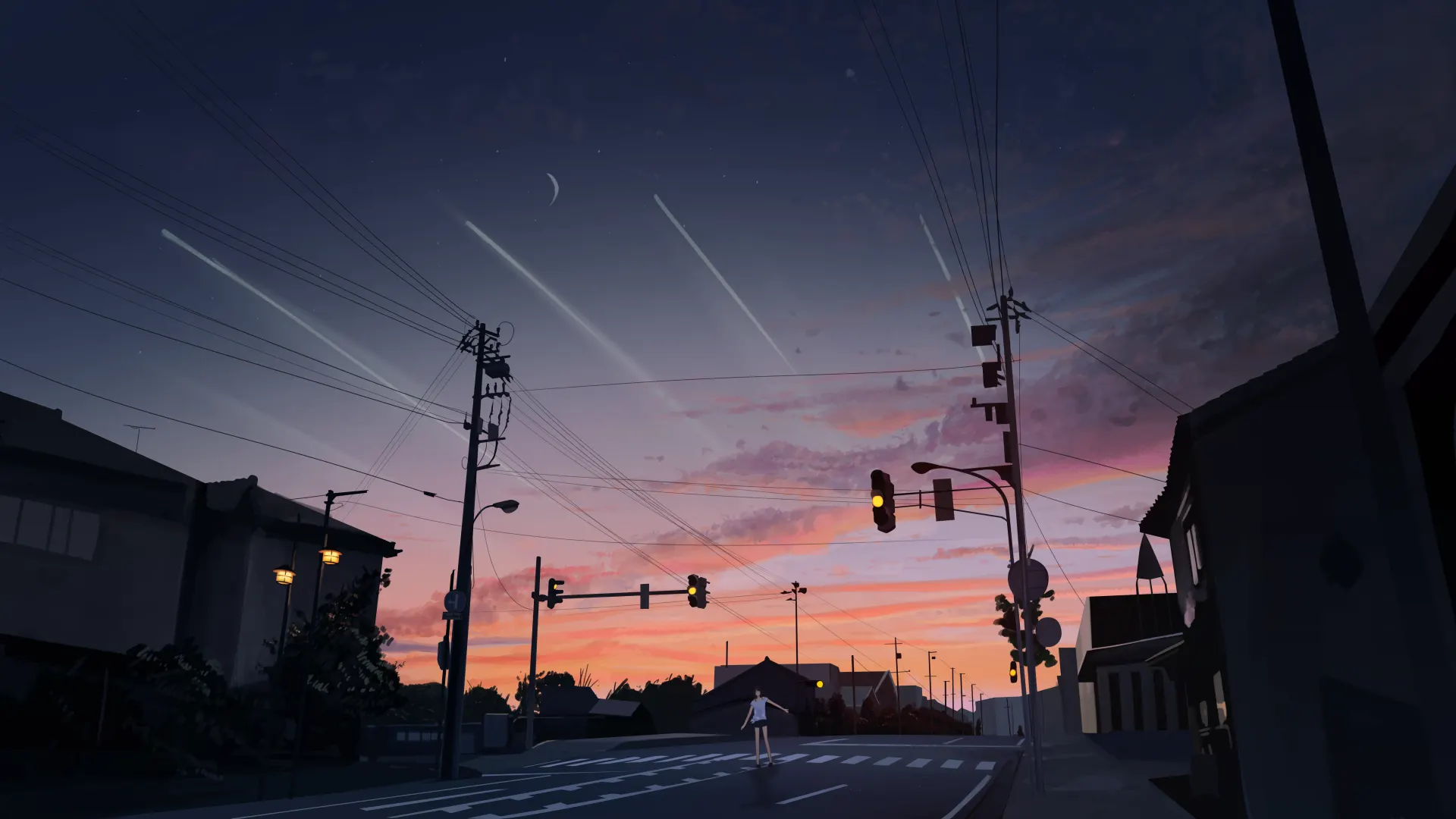 Anime Street Sunset and Twilight Sky Wallpaper