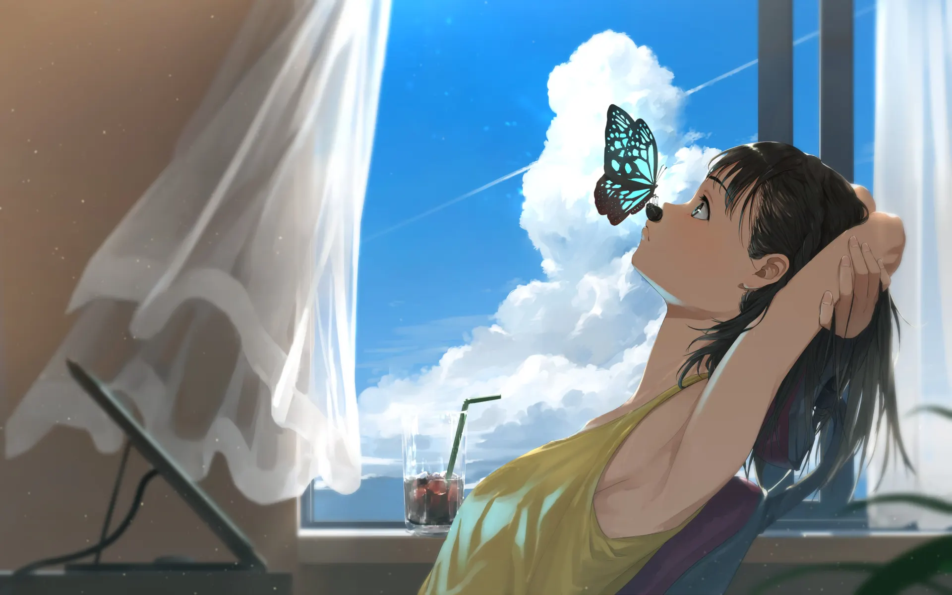 Anime Girl and Butterfly Blue Sky Wallpaper