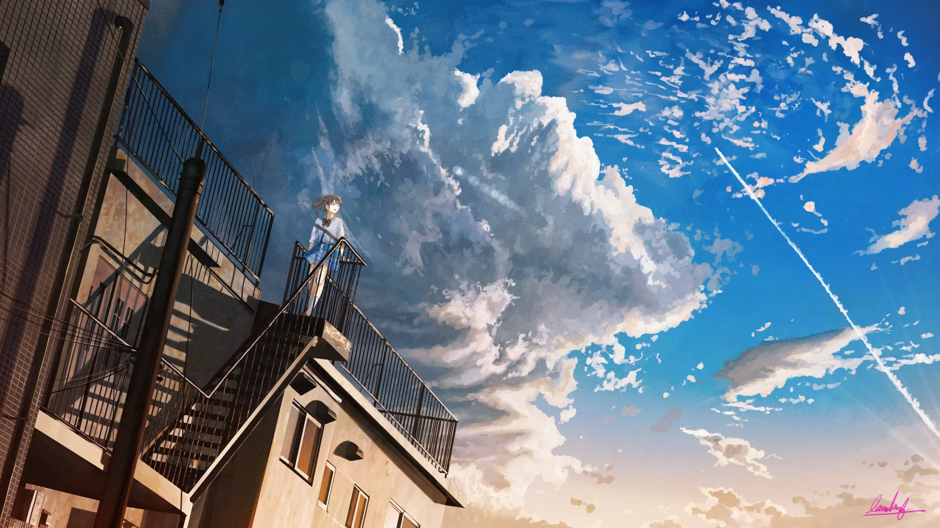 Anime Girl Rooftop and Blue Summer Sky Wallpaper