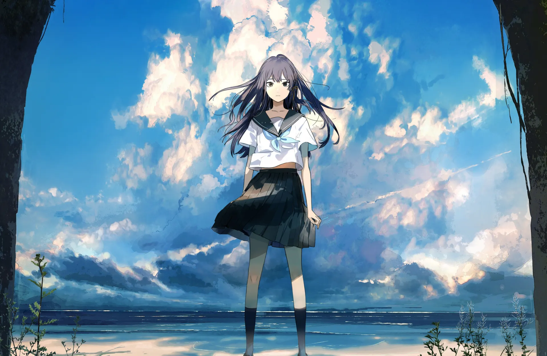 Anime Schoolgirl Blue Sky and Clouds Wallpaper