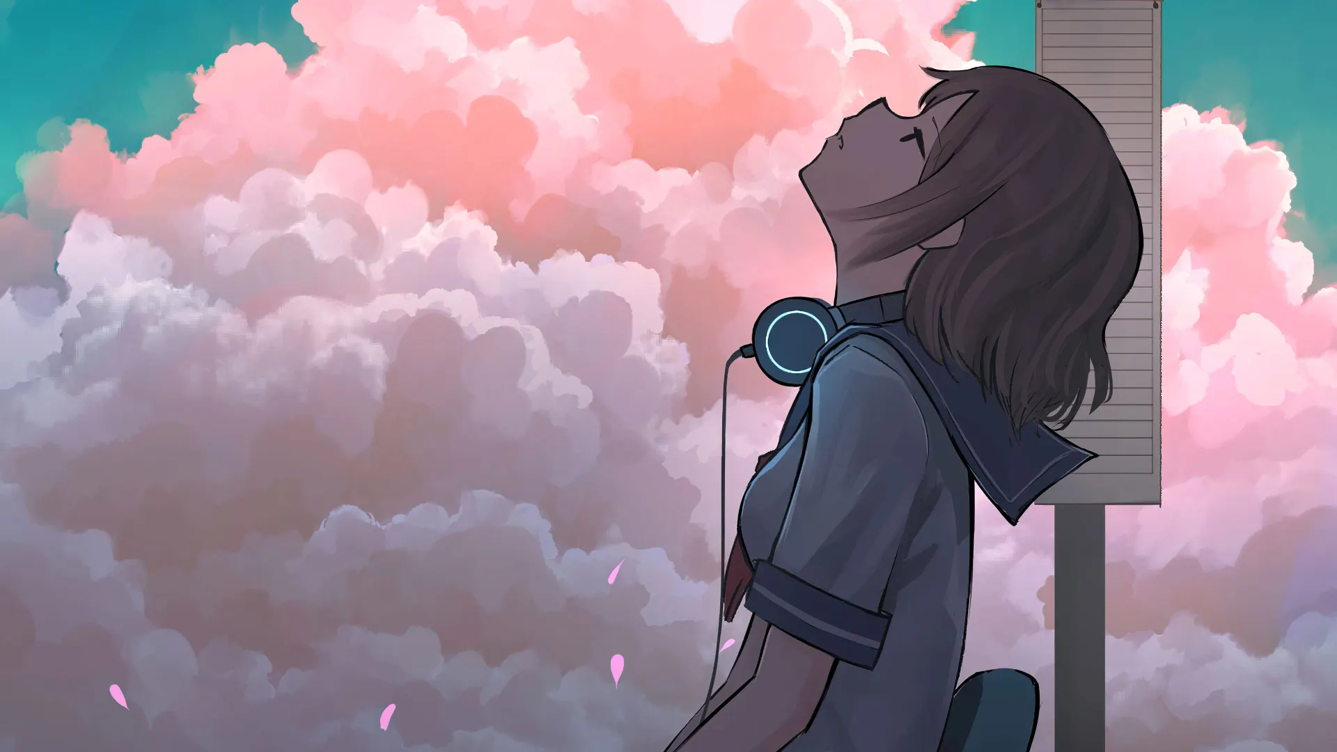 Anime Girl Headphones Pink Cloud Sky Wallpaper