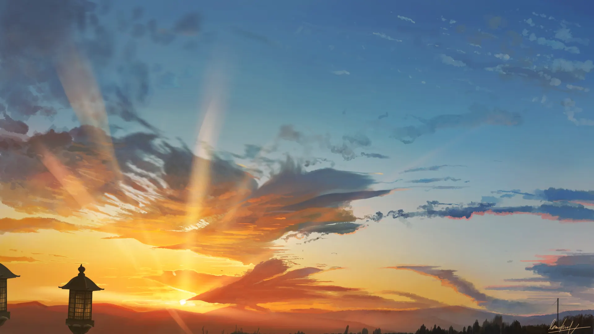 Golden Sunset Sky and Dramatic Clouds Anime Wallpaper