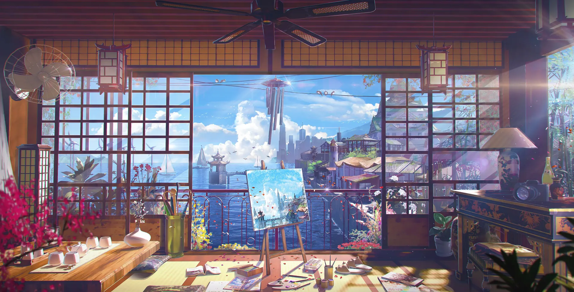 Anime Art Studio with Ocean City View Wallpaper