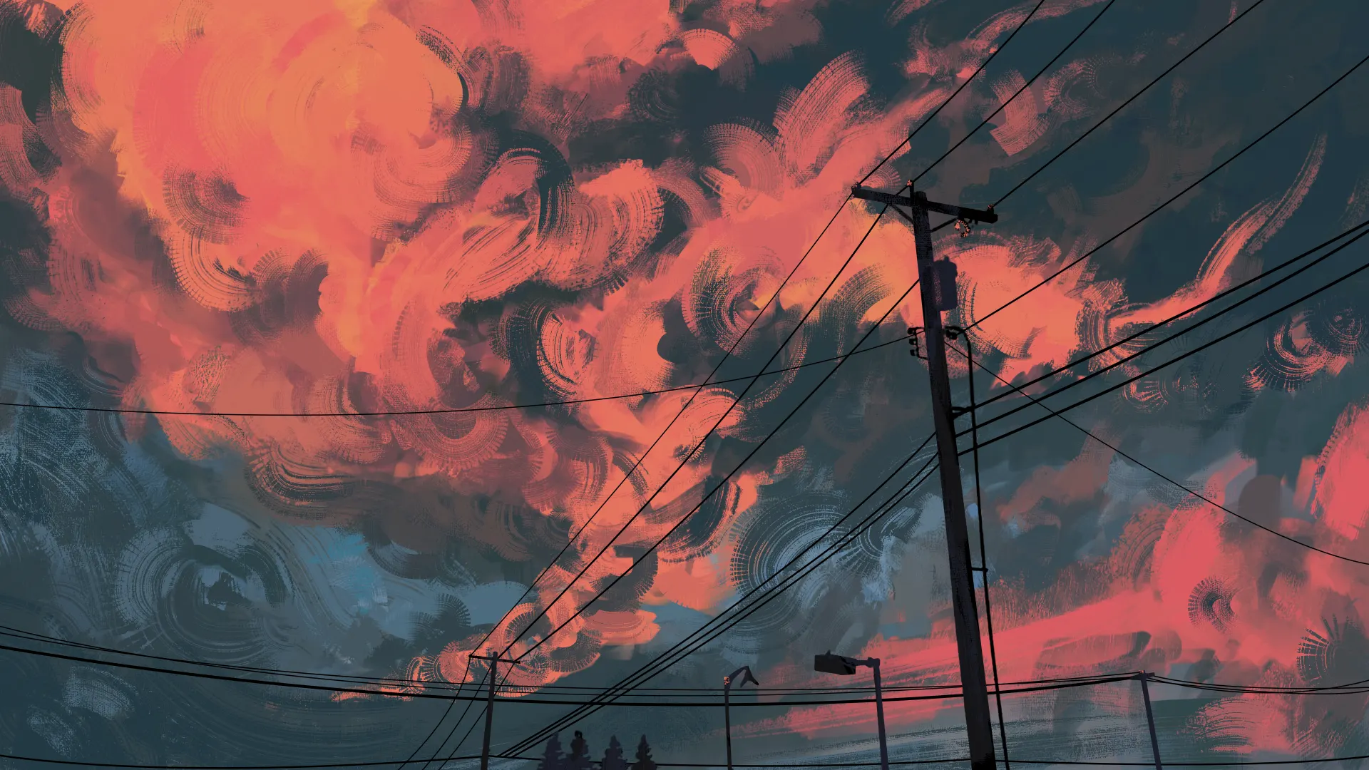 Dramatic Anime Sunset Clouds and Power Lines Wallpaper