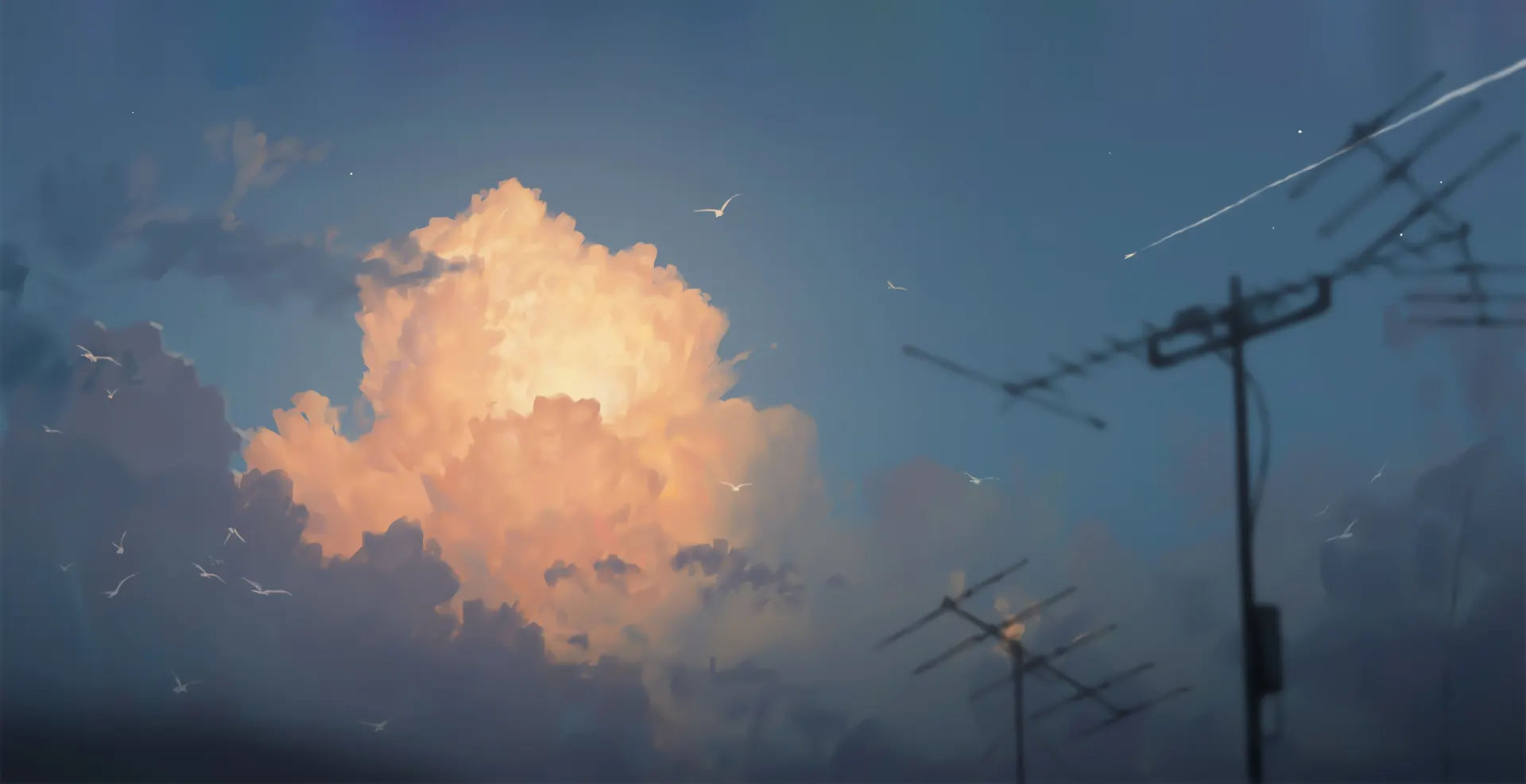 Anime Golden Cloud Blue Sky and Birds Wallpaper
