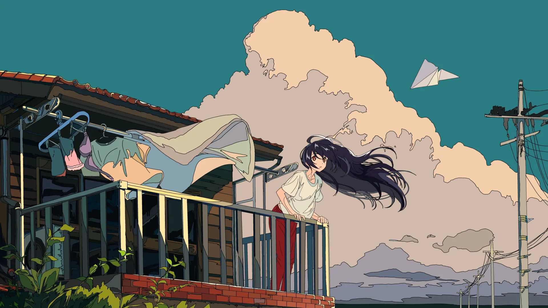 Anime Girl Windy Balcony and Summer Sky Wallpaper