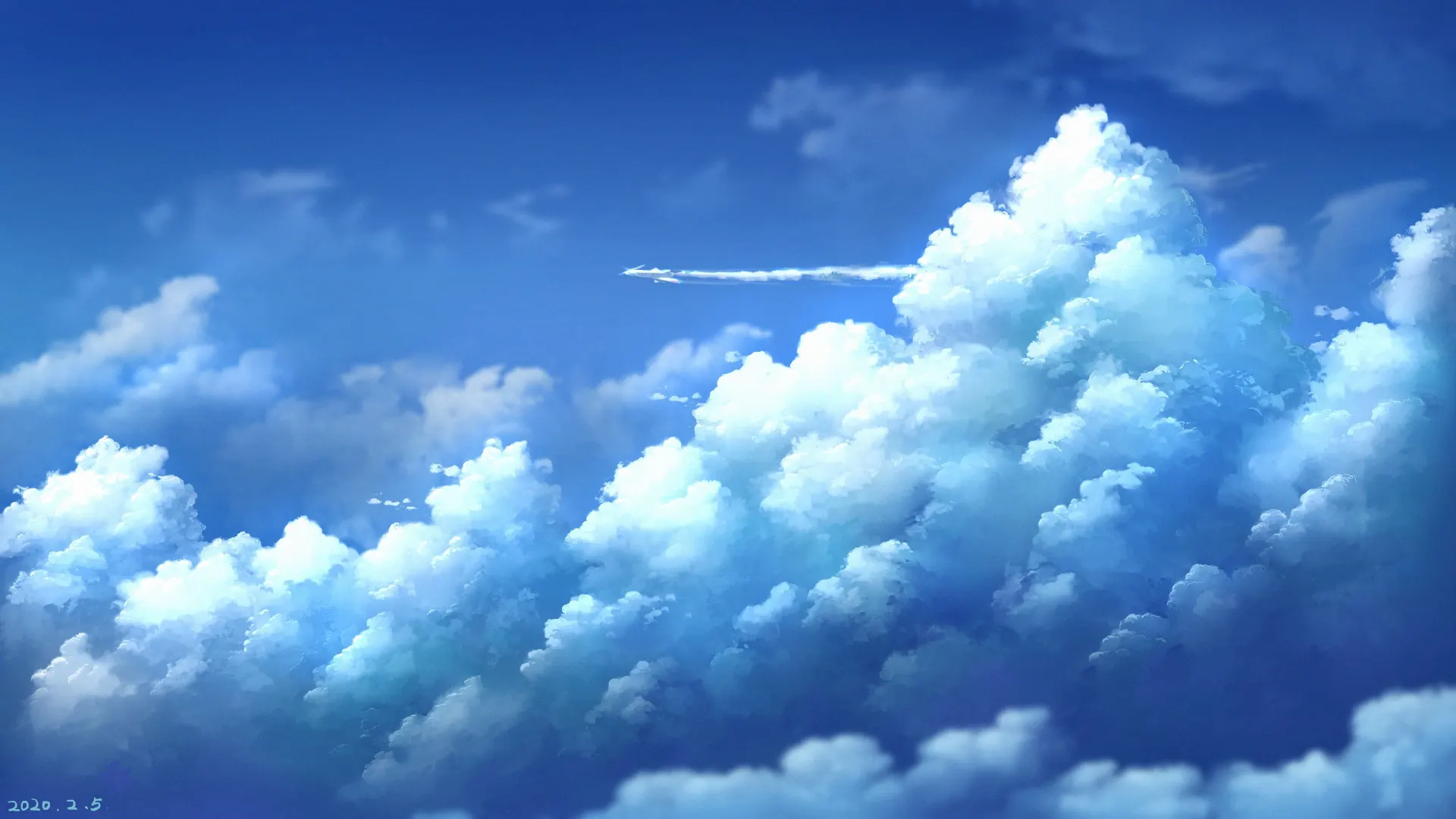 Anime Blue Sky and White Summer Clouds Wallpaper
