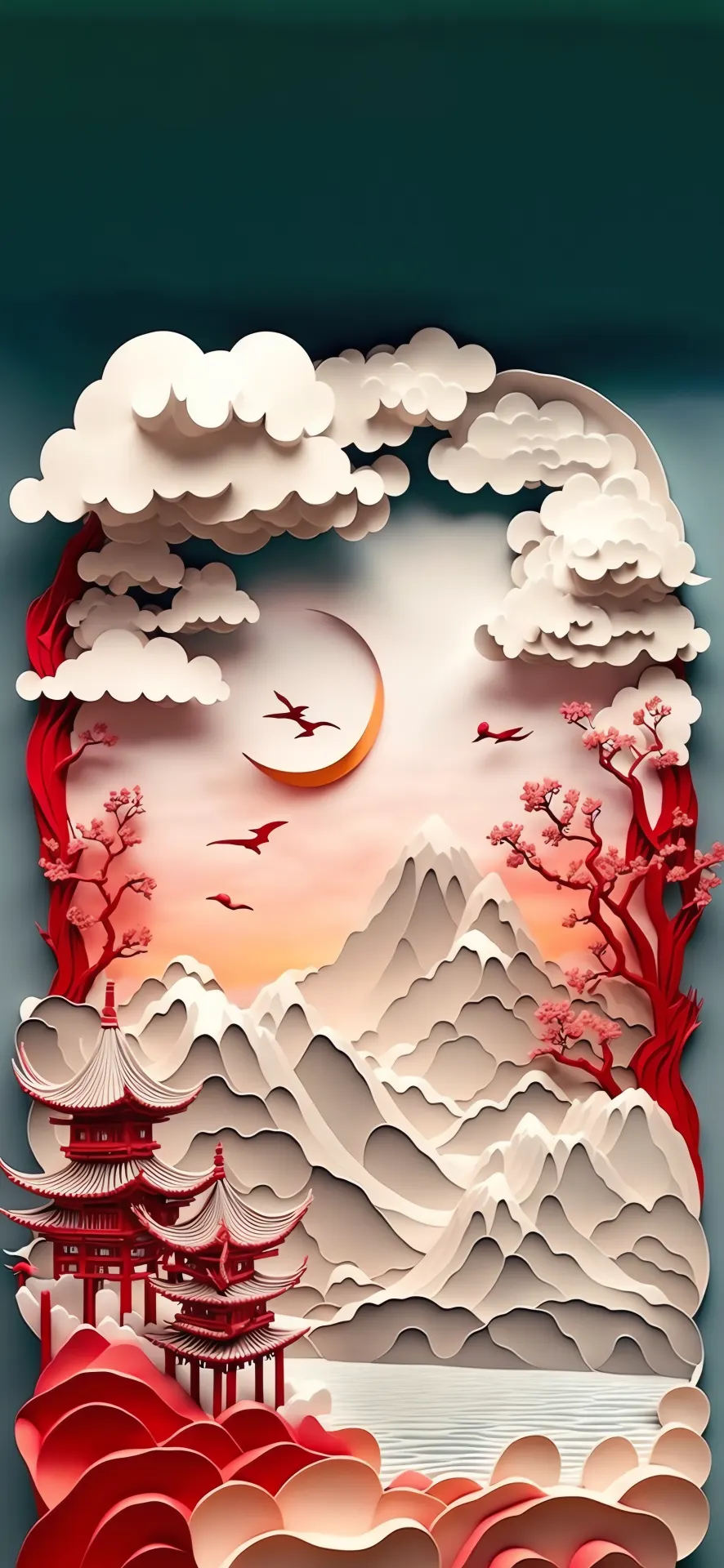 Chinese Moonlit Mountain Pagoda Landscape Wallpaper