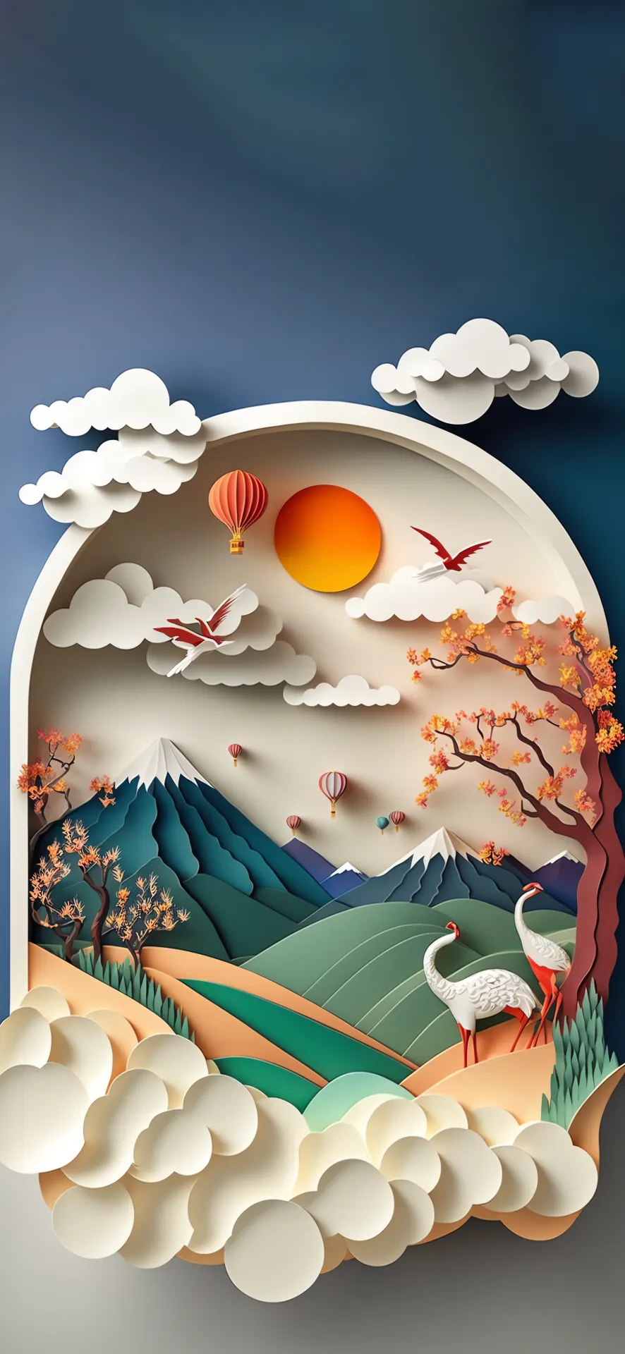 Mountain Landscape with Cranes and Hot Air Balloons Wallpaper