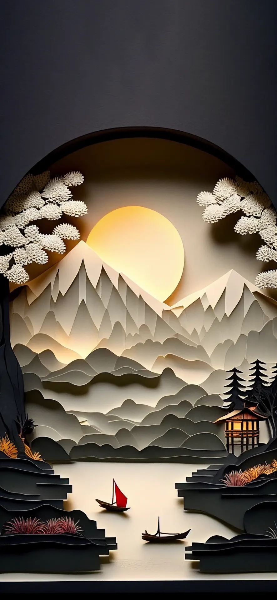Moonlit Mountain Lake with Boats and Cabin Wallpaper