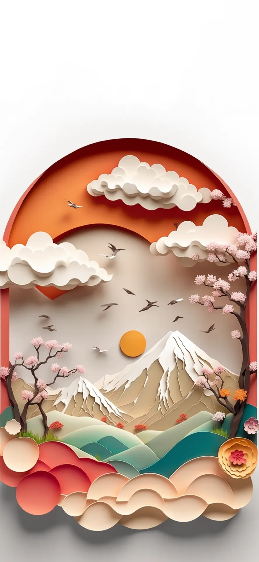Snow Mountain and Cherry Blossom Paper Art Wallpaper