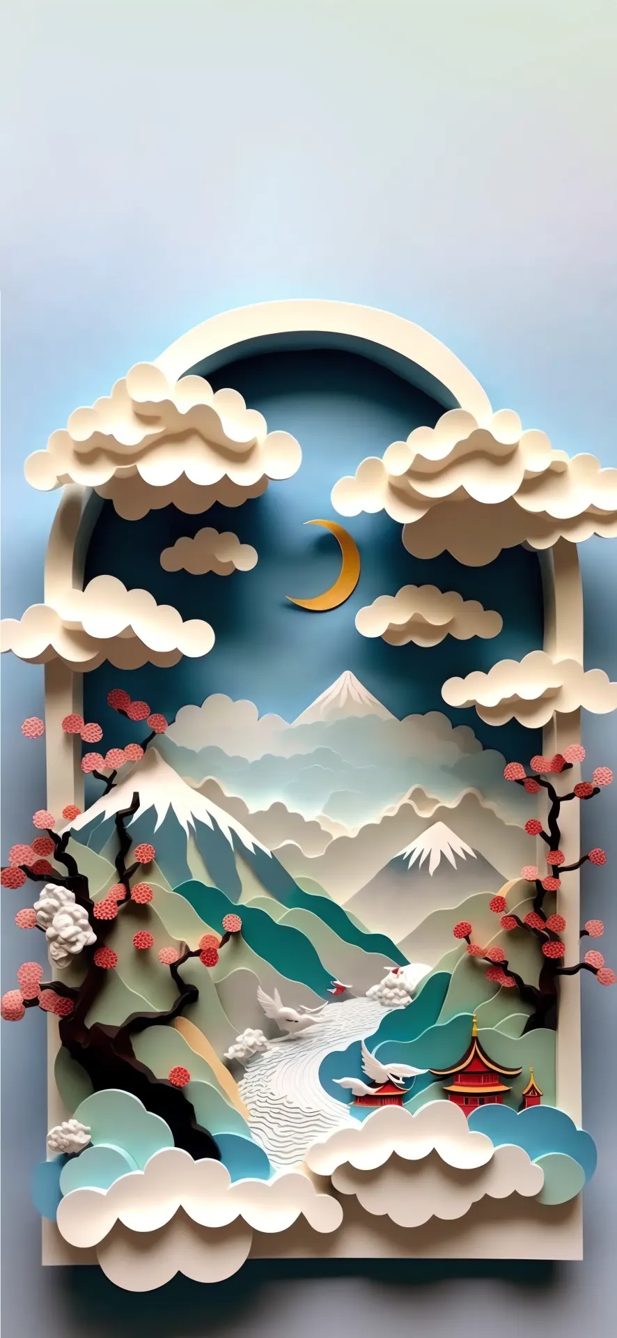Moonlit Mountain Pagoda Paper Art Wallpaper
