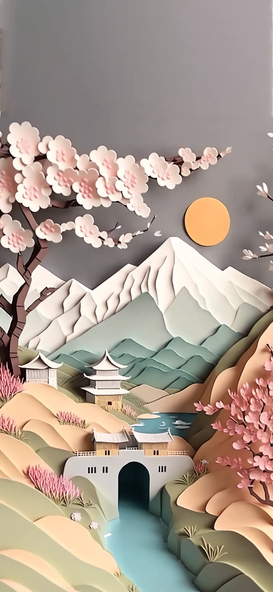 Snow Mountain Cherry Blossom Paper Art Landscape Wallpaper