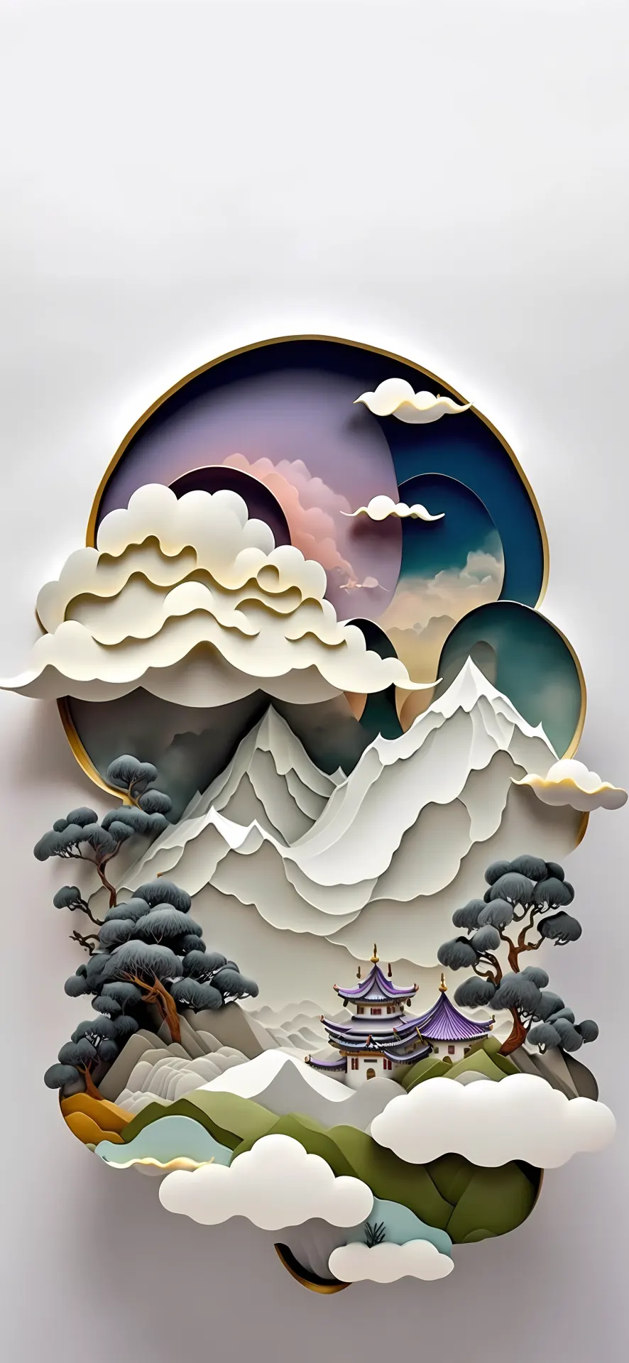 Moonlit Snow Mountain Temple Paper Cut Landscape Wallpaper