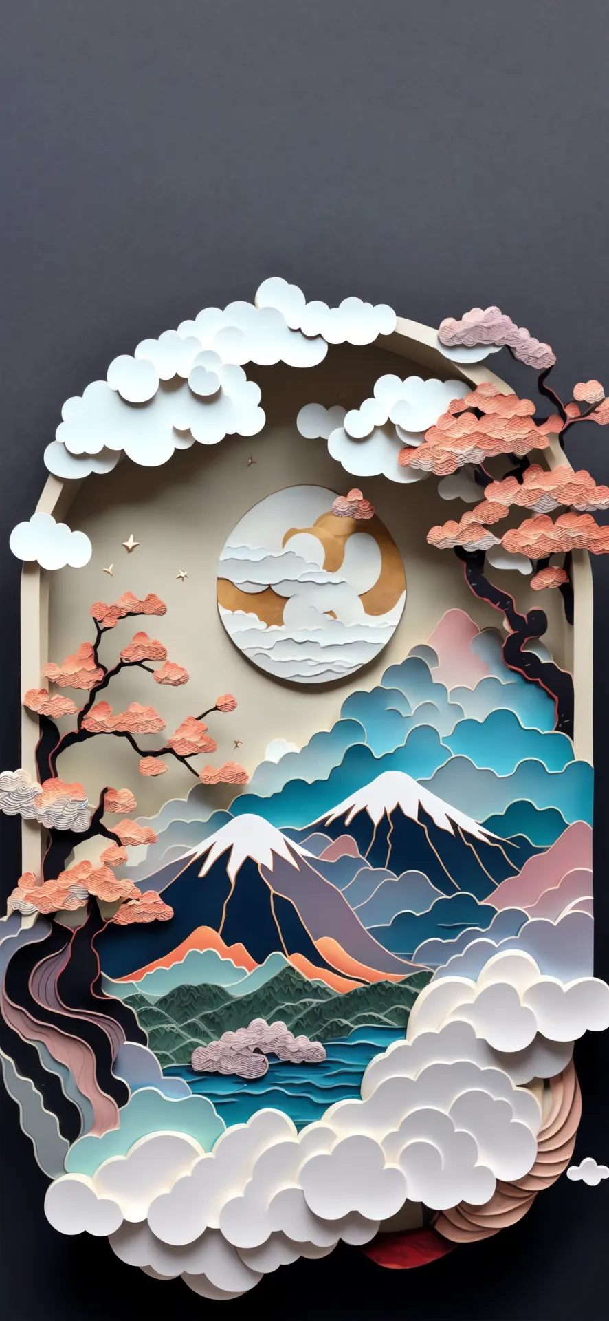 Moonlit Fuji Mountain Paper Cut Landscape Wallpaper