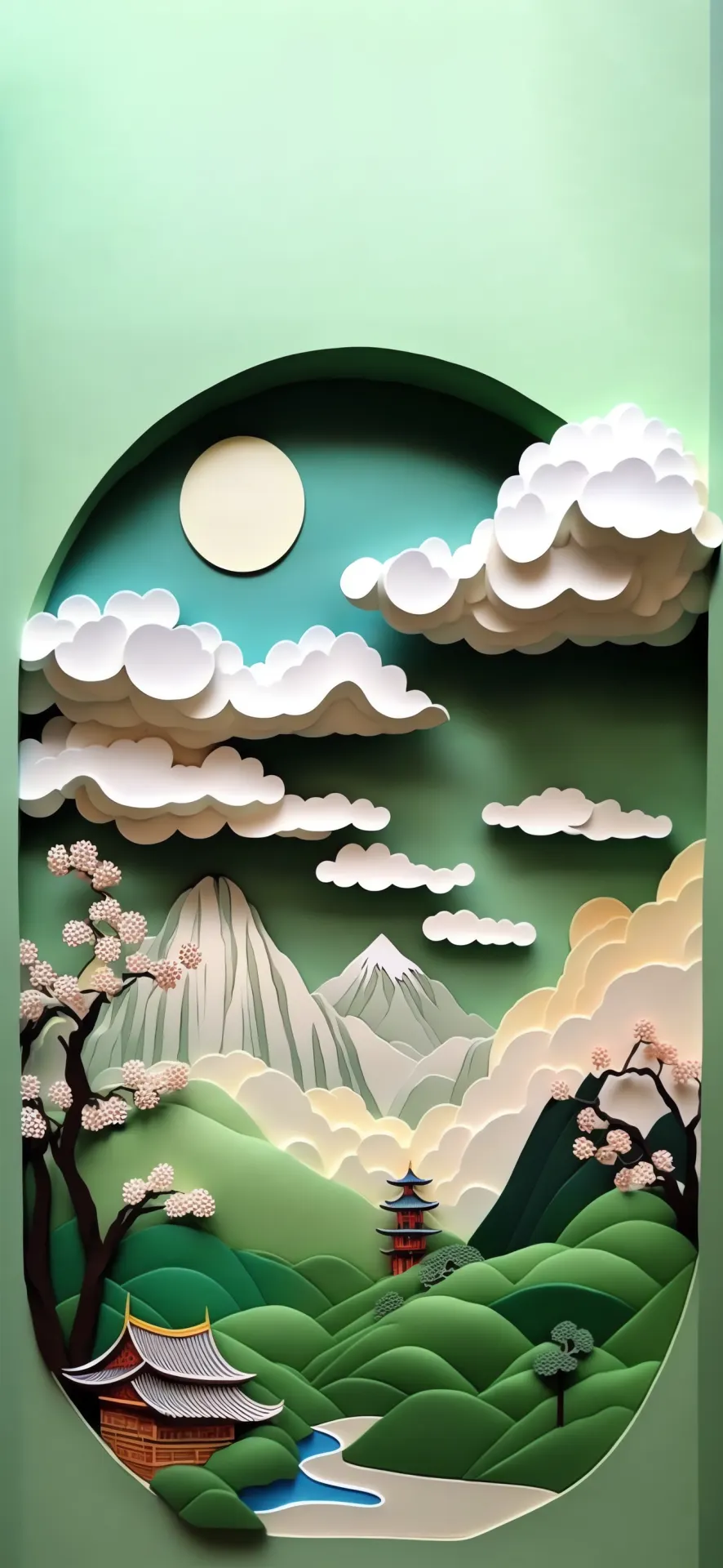 Green Mountain Valley Paper Cut Landscape Wallpaper