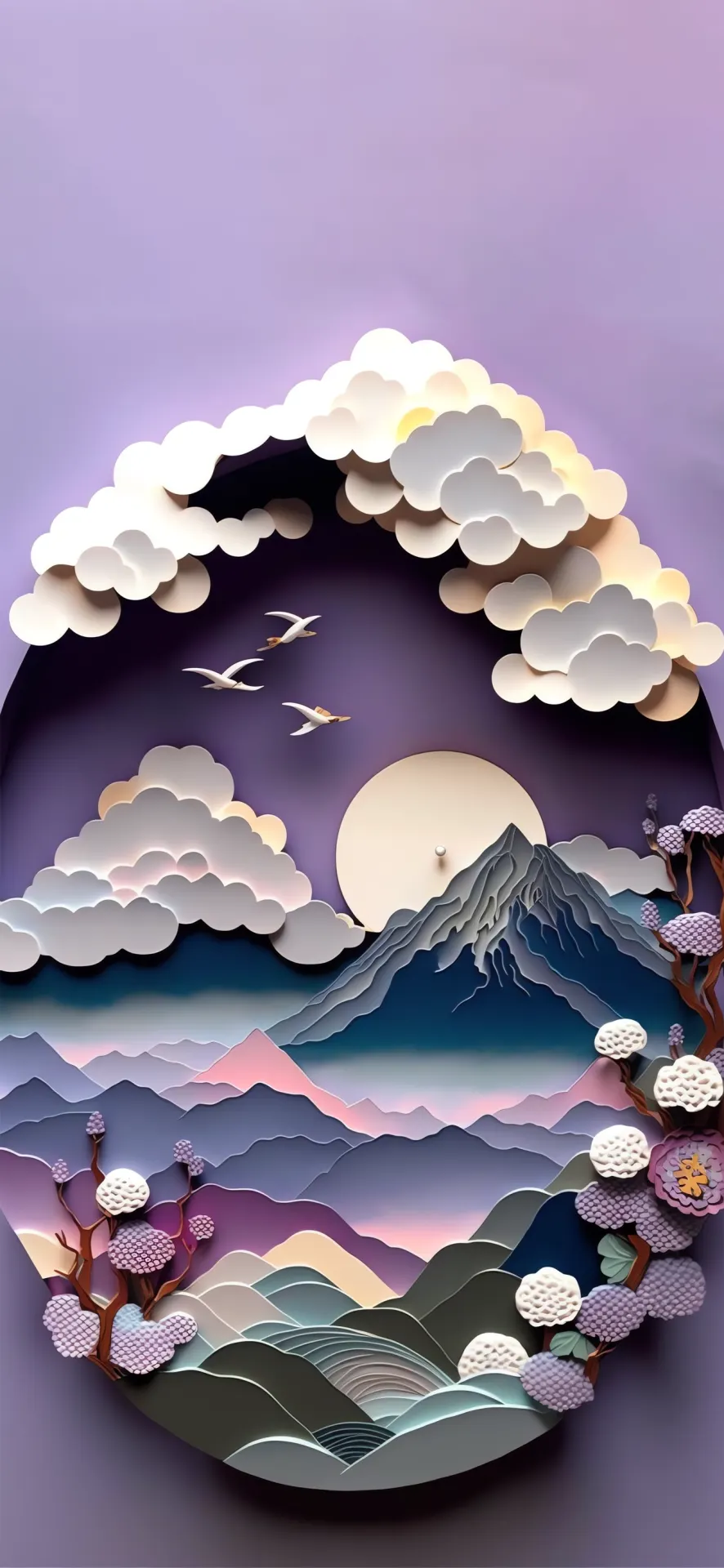 Purple Moonlit Mountain Paper Cut Landscape Wallpaper