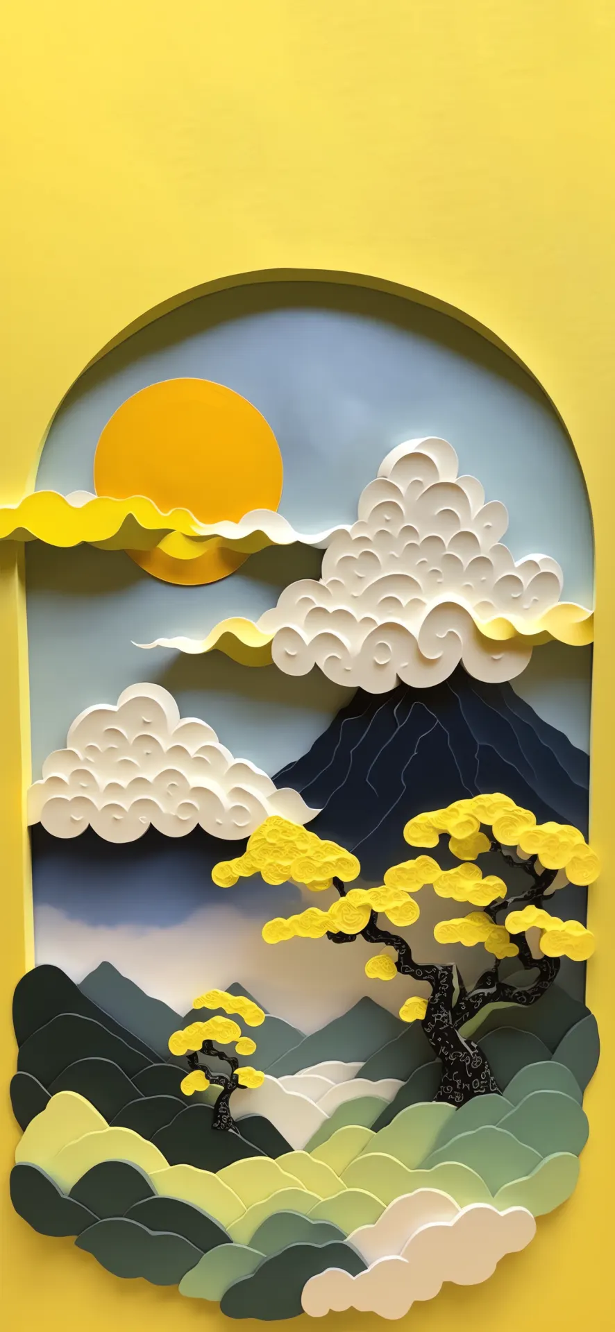 Golden Mountain Valley Paper Cut Landscape Wallpaper