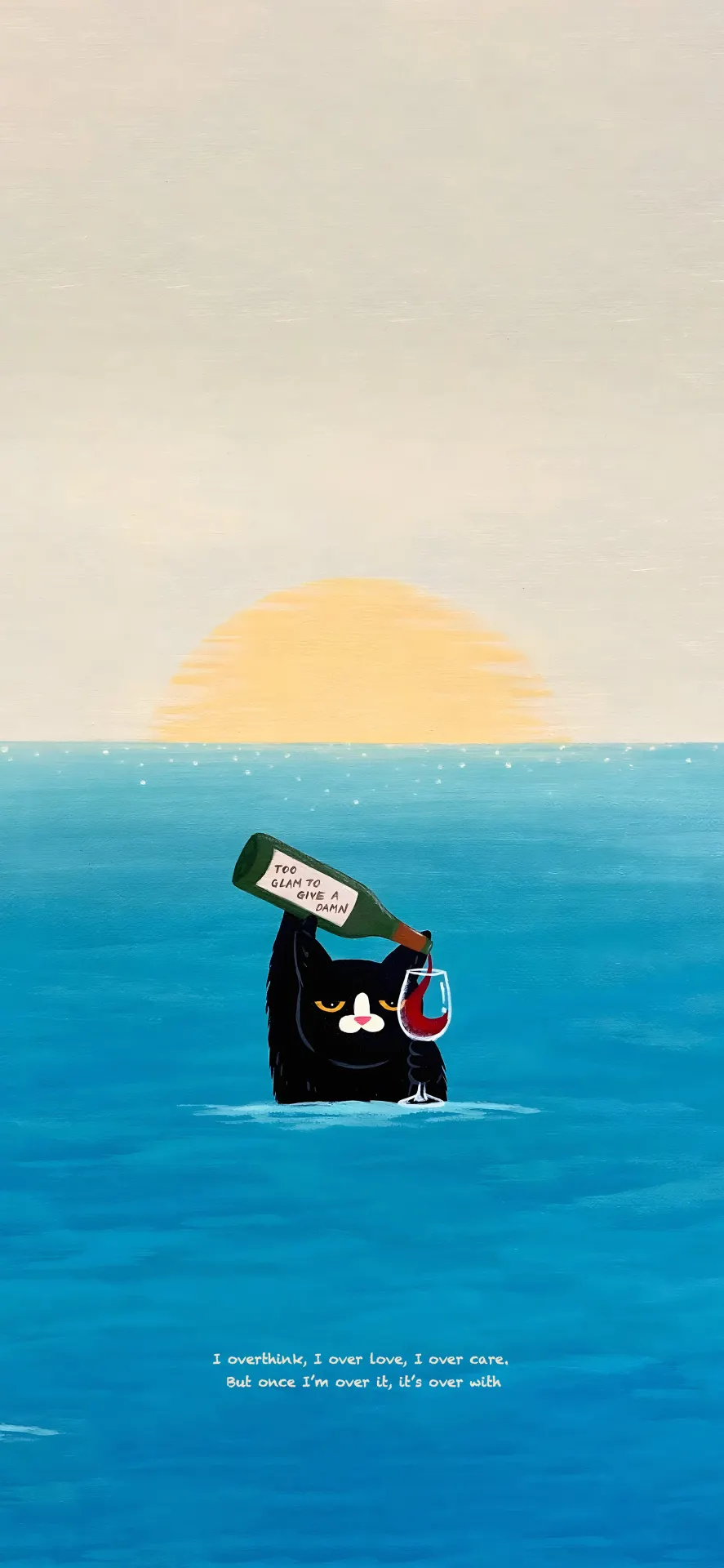 Black Cat Drinking Wine at Sea Cute Ocean Wallpaper