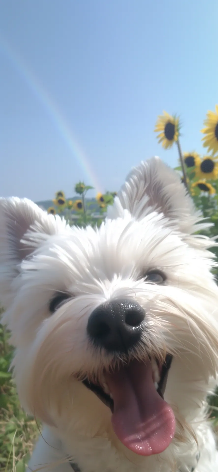 Smiling White Dog Sunflowers Rainbow Phone Wallpaper
