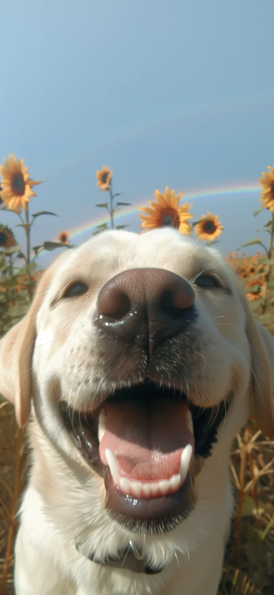 Smiling Labrador Sunflower Field Rainbow Phone Wallpaper