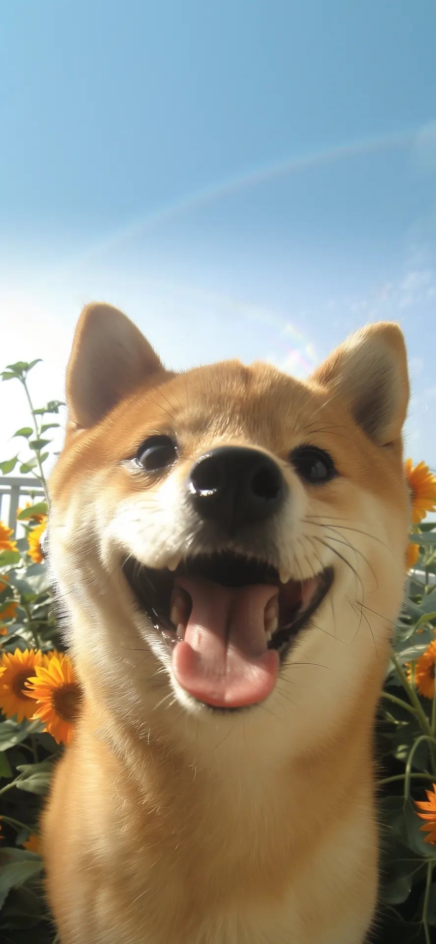 Smiling Shiba Inu Sunflower Field Rainbow Phone Wallpaper
