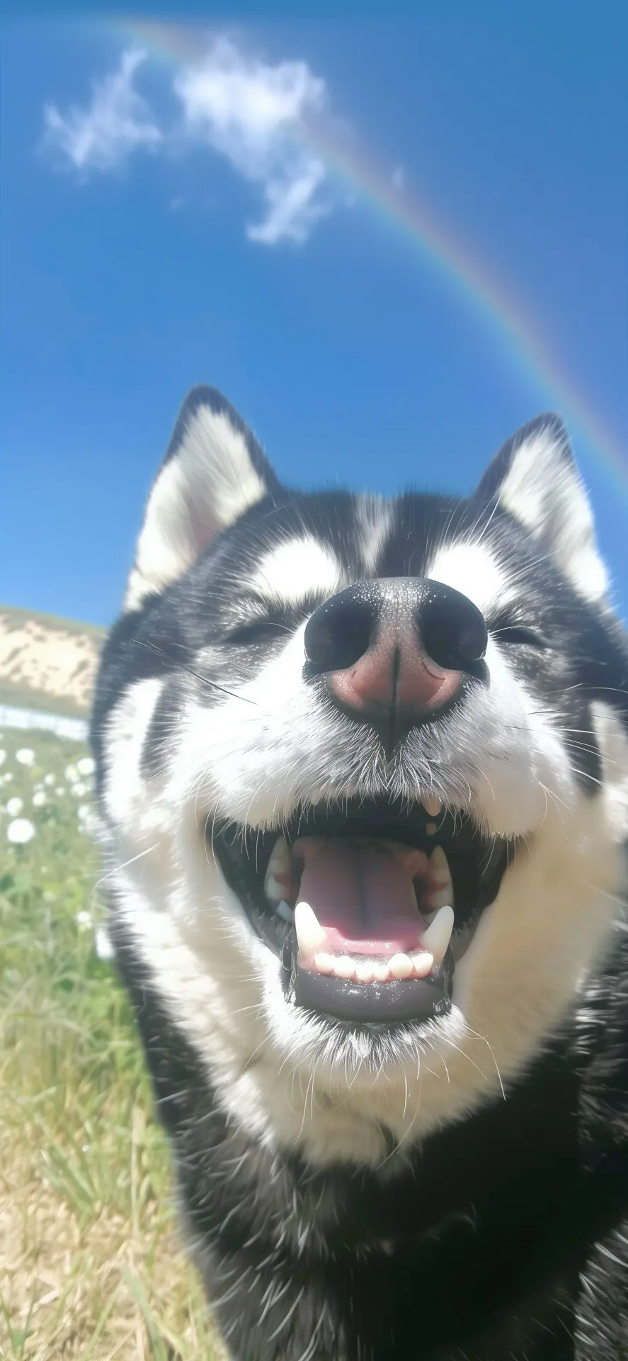 Smiling Siberian Husky Rainbow Field Phone Wallpaper