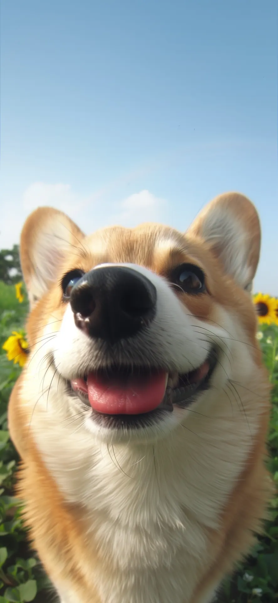 Smiling Corgi Sunflower Field Blue Sky Phone Wallpaper