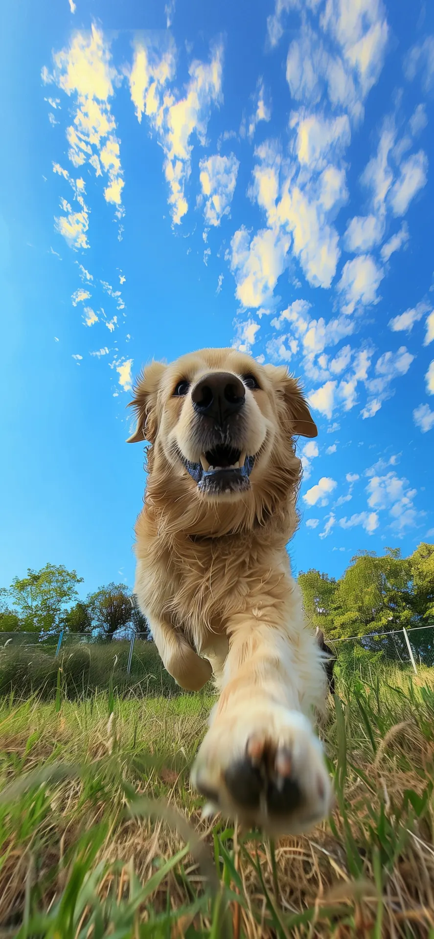 Happy Golden Retriever Running Grassy Field Phone Wallpaper