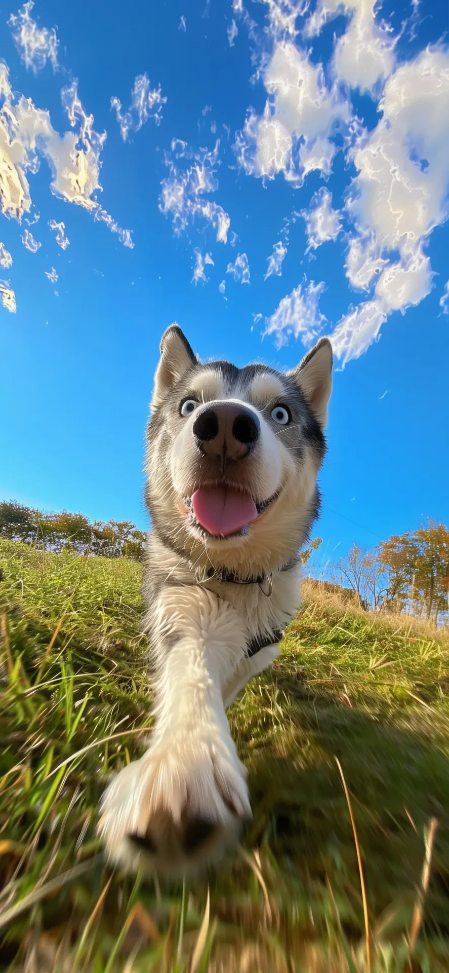 Happy Husky Running Grassy Field Blue Sky Phone Wallpaper