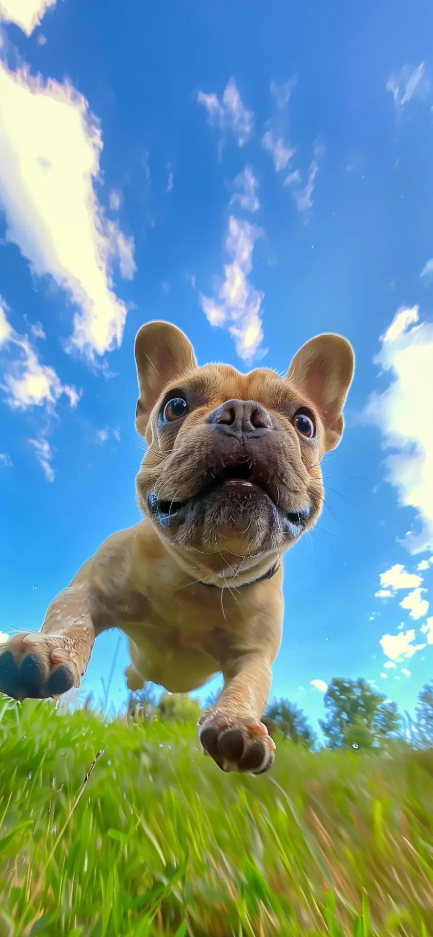 Happy French Bulldog Running Grassy Field Phone Wallpaper