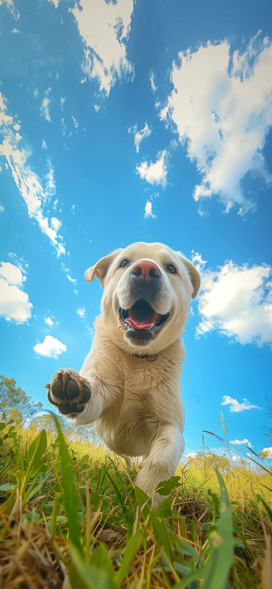 Happy Labrador Running Grassy Field Blue Sky Phone Wallpaper