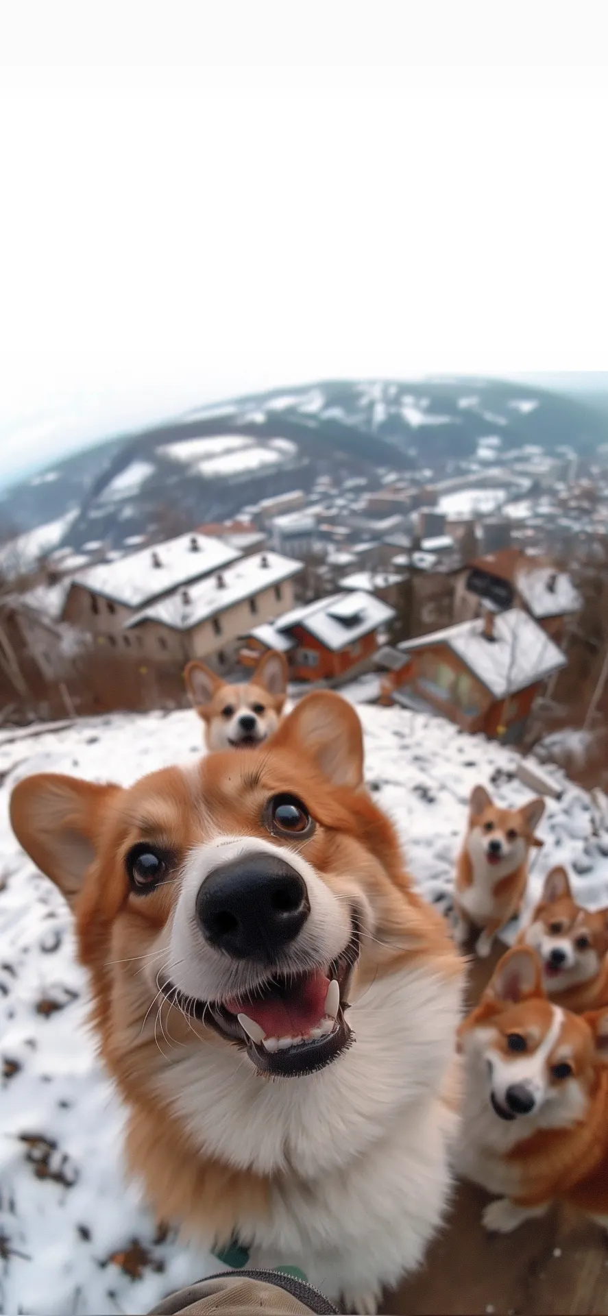 Funny Corgi Pack Snow Selfie Winter Village Phone Wallpaper