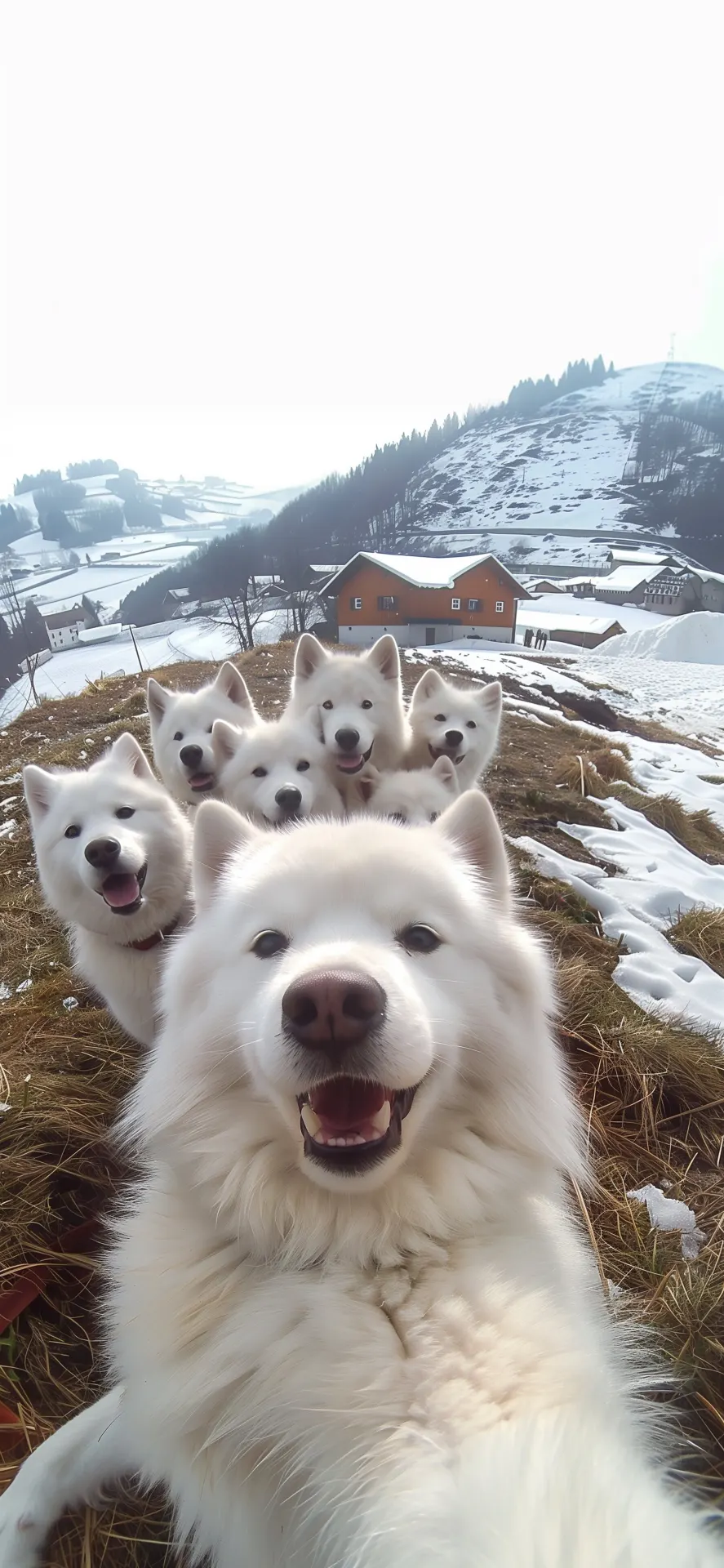 Funny Samoyed Pack Snow Selfie Winter Village Phone Wallpaper