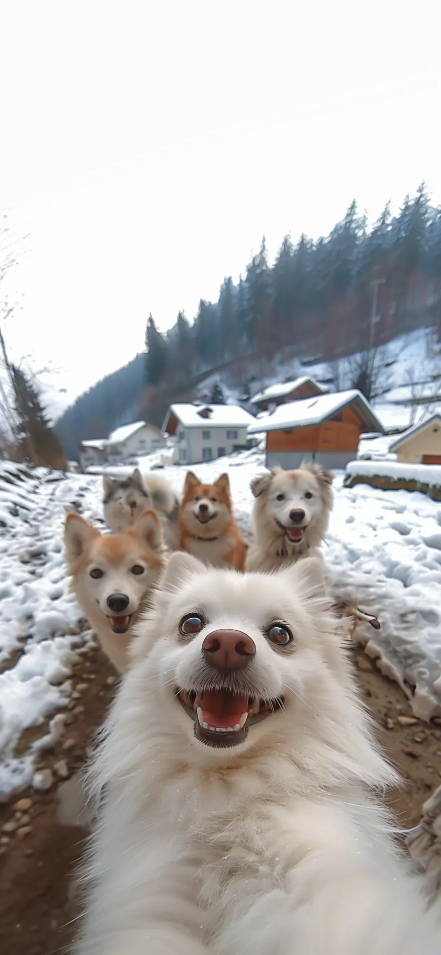 Funny Shiba Inu Pack Snow Selfie Winter Phone Wallpaper
