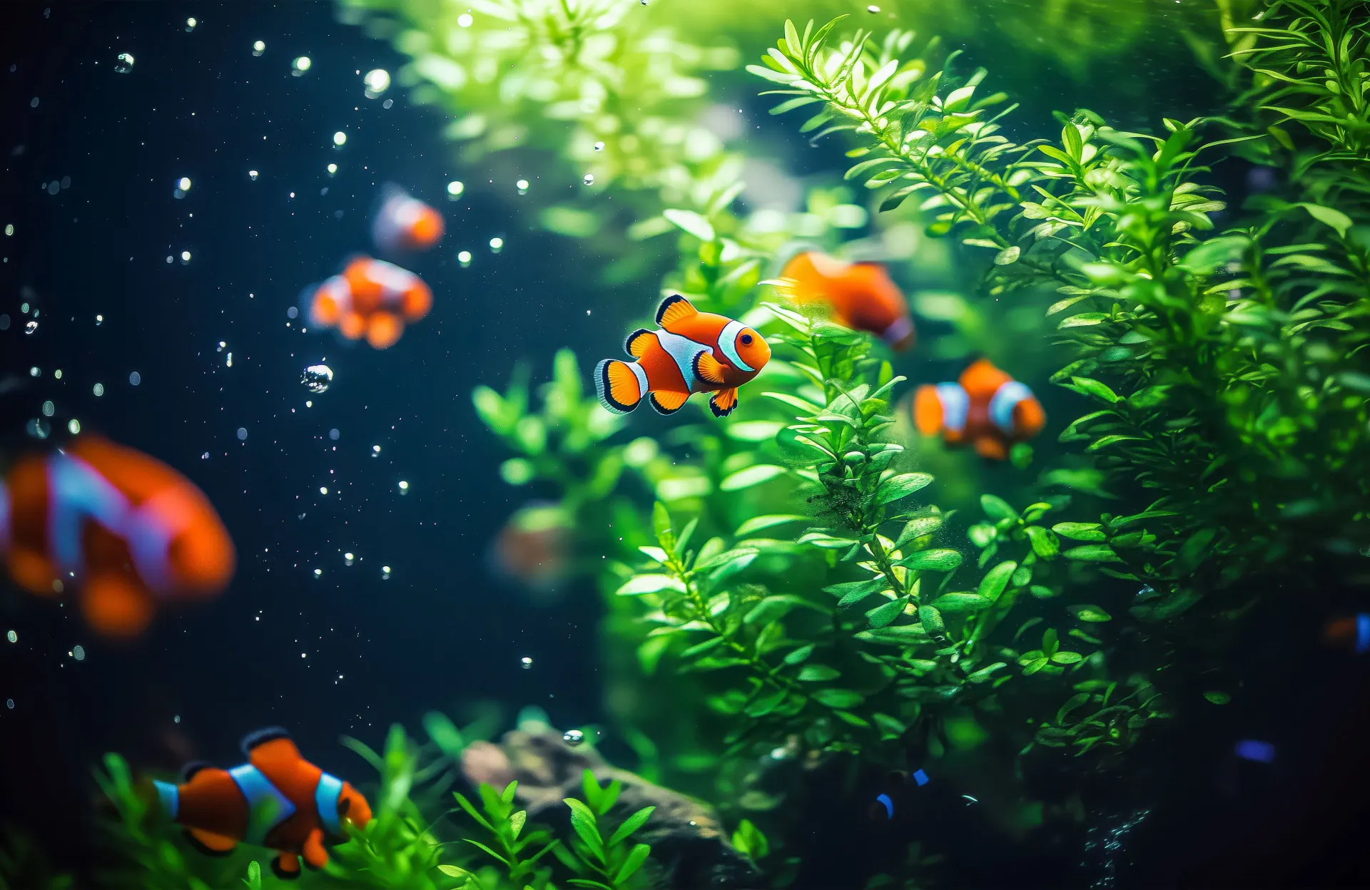 Vibrant Clownfish in a Lush Underwater Aquarium Wallpaper