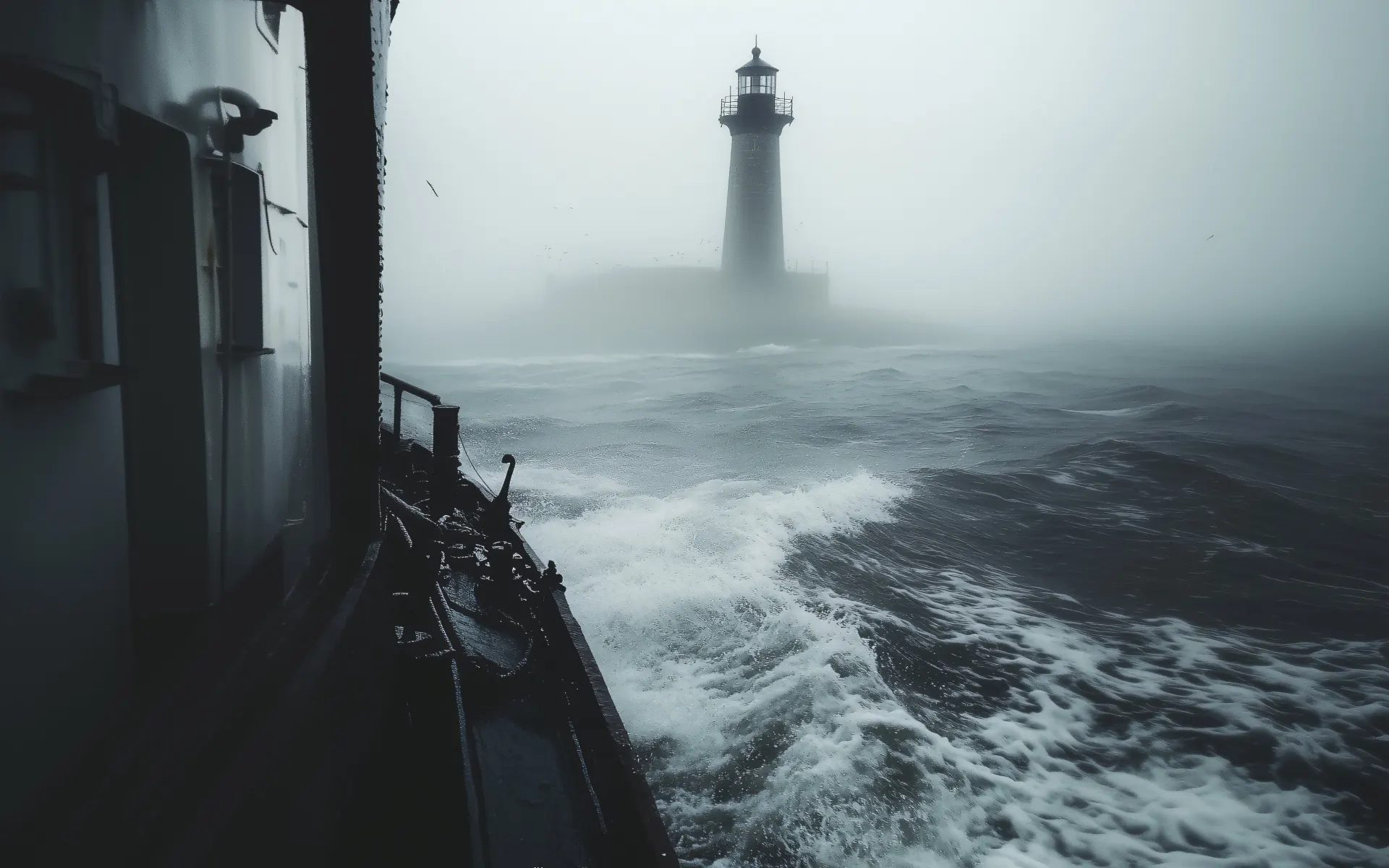 Moody Foggy Lighthouse by the Stormy Sea Wallpaper