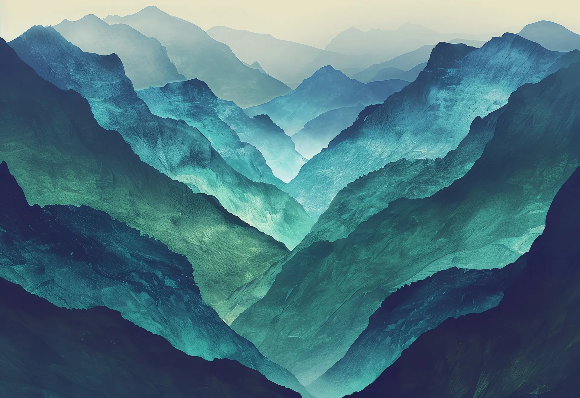 Teal Blue Mountain Valley Artistic Landscape Wallpaper