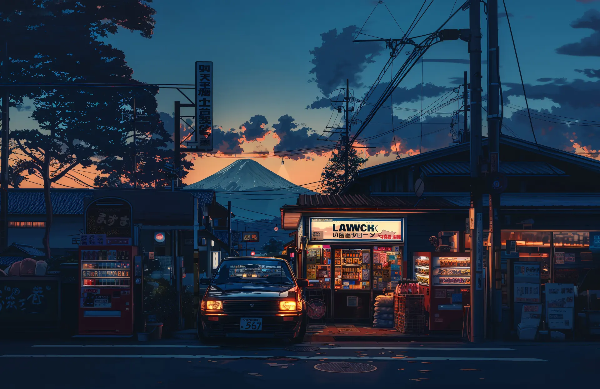 Anime-Style Japanese Town at Sunset with Mount Fuji Wallpaper