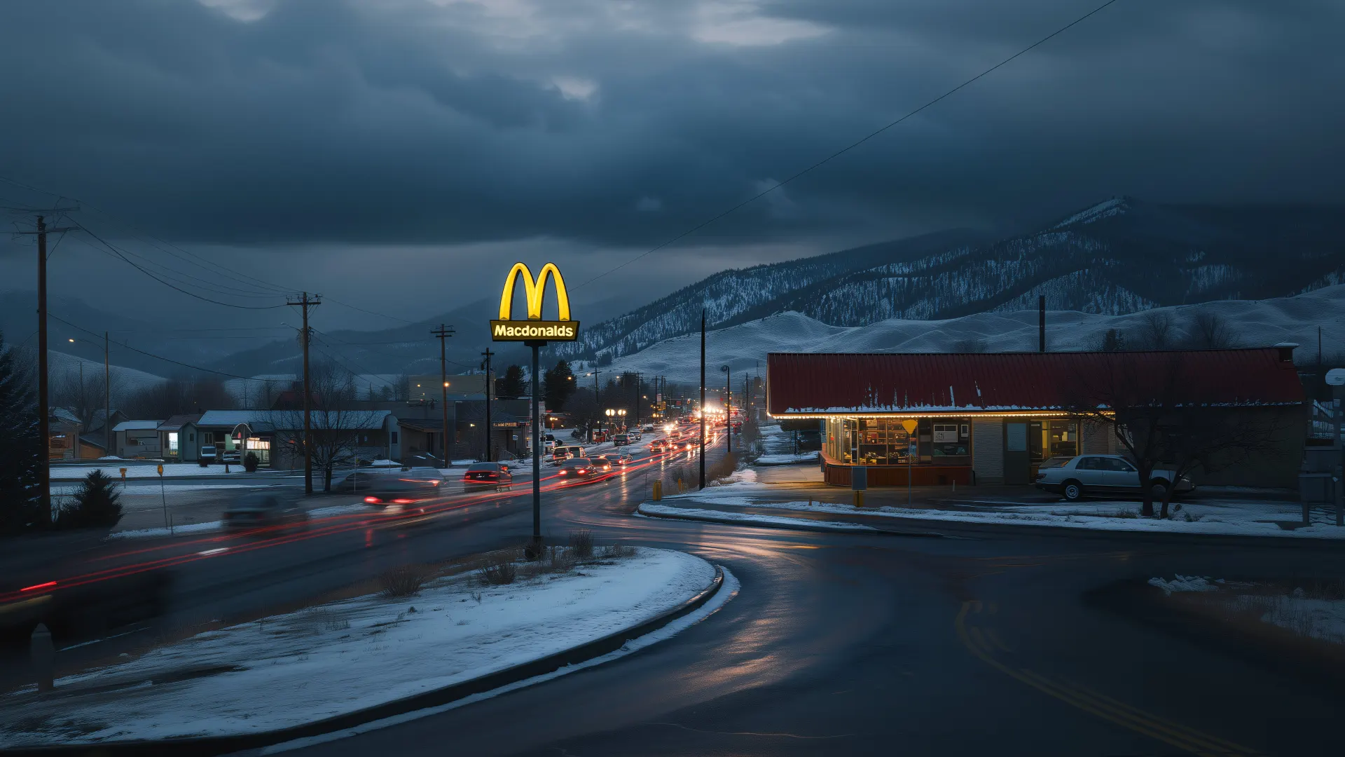 Snowy Mountain Town at Night with McDonald's Lights Wallpaper