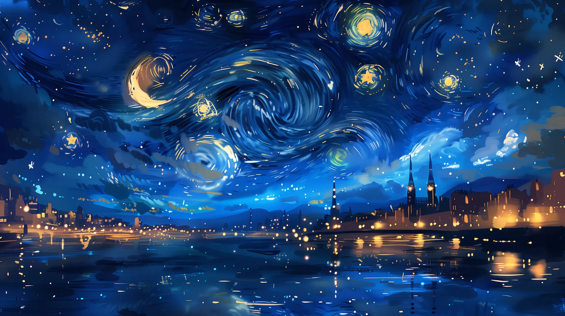Van Gogh Inspired Blue Starry Night Cityscape Wallpaper