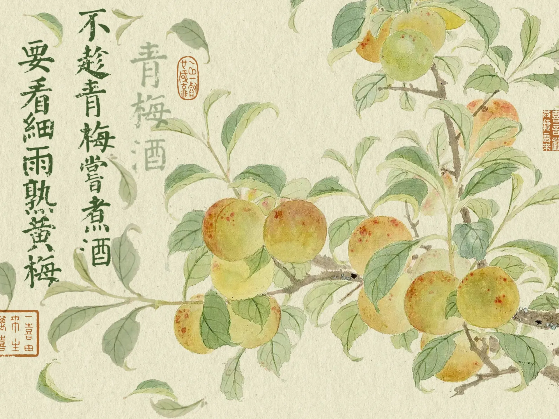 Traditional Chinese Plum Blossom and Fruit Watercolor Painting Wallpaper